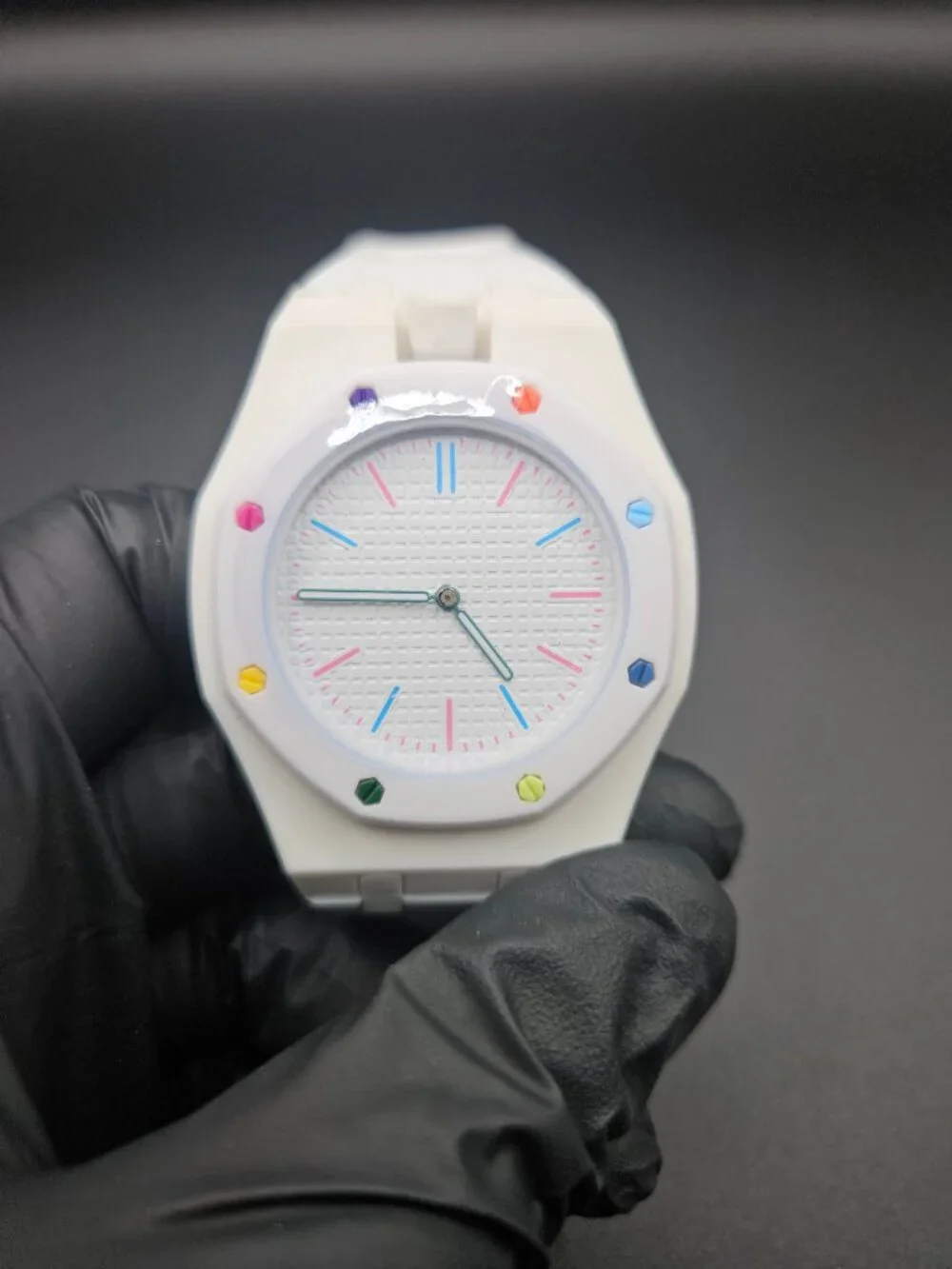White Silicone Automatic Watch Multicolor Bezel